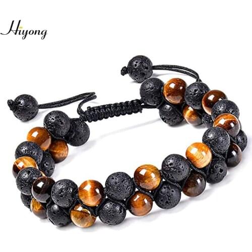 HIYONG Tiger Eye Lava Rock Essential Oil Diffuser Bracelet Natural Healing Stone Beads Bracelet 8mm Adjustable Bracelets for Men