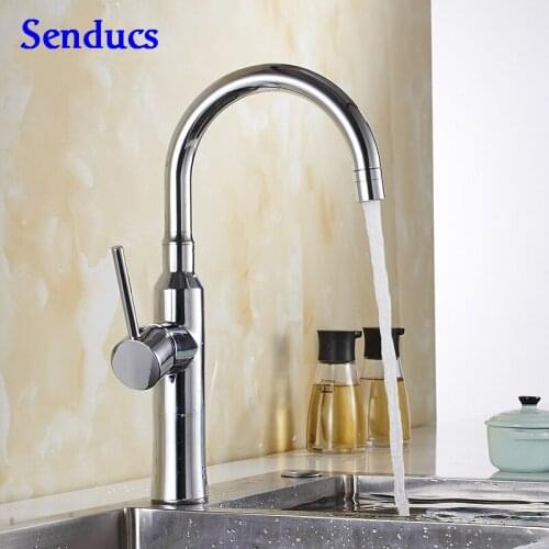 Senducs Chrome Kitchen Mixer Tap Hot Cold Kitchen Water Tap Deck Mounted Bathroom Faucet Quality Brass Kitchen Sink Faucet