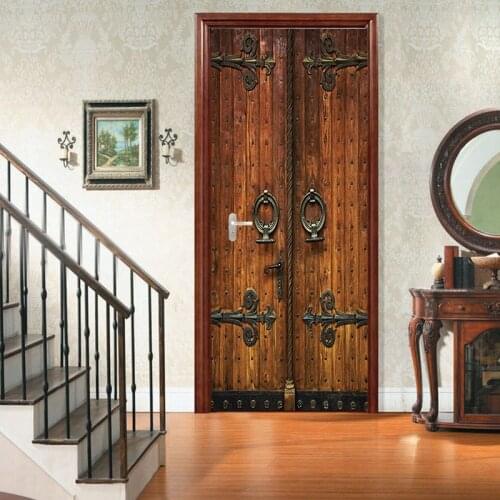 Chinese Retro Wooden Door Stickers 77x200cm Old Lock PVC Door Mural DIY Home Decor Decals Creative PVC Wallpaper For DIY Renew