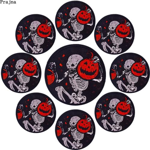 Prajna 10PCS Wholesale Hippie Punk Skull Embroidered Patches For Clothing Stickers Skeleton Patch Iron On Patches On Clothes DIY