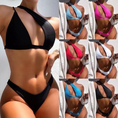 New Unilateral Solid Color Bikini 2021 Fashion High Waist Gathered Sexy Swimsuit Female Pool Party Suit