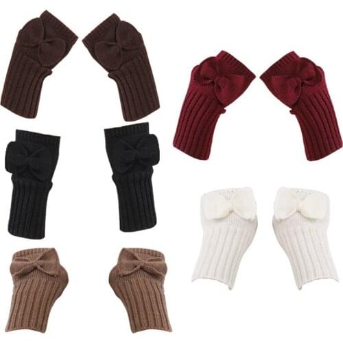 Autumn and Winter Womens Bowknot Cute Fashion Gloves Knitted Woolen Warm Half-Finger Fingerless Gloves