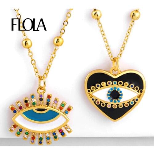 FLOLA Turkish Eye Pandent Necklace for Girl Enamel Cute Heart Statement Necklace Vintage Rainbow Jewelry collar ojo turco nkep75