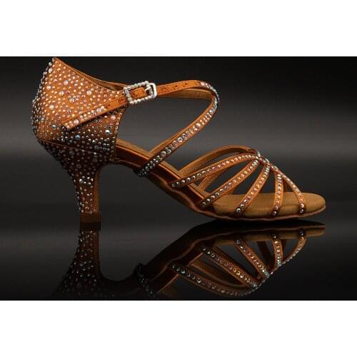 【Alexander】Deep Tan Satin Crystal Strap Dance 6.5cm Slim Heel Sandal