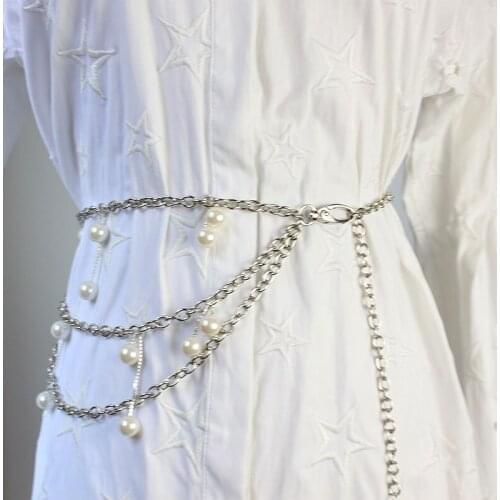 Silver Metal Waist Belt Multi-layers Waist Chain Pearl Statement Fringe Belly Chain Elegant Ladies Summer Dress Belt Decoration