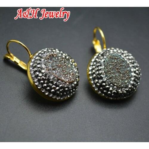 Super High Quality Copper Earring Natural Drusy Crystal & Rhinestone Paved Gold Color Jewelry For Women
