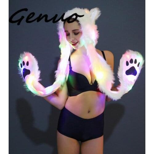 2019 LED Faux Fur Hat Light Up Hood Animal Hat Wolf Plush Warm Animal Cap With Scarf Gloves Cutehats Christmas Costume For Women
