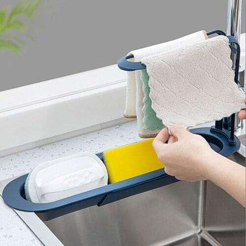 Telescopic Sink Drain Rack Adjustable Storage Basket With Towel Bar Soap Sponge Drain Basket Holder Home Kitchen Accessories