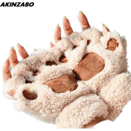 Bear Plush Cat Paw Claw Winter Gloves Women Faux Fur Cute Kitten Female Fingerless Mittens Lovely Kawaii Gloves for Womens Girl