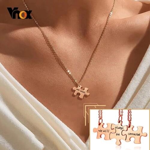 Vnox 3 Pcs/ Set Puzzle Women Necklace We Will Always be Connected Engraved Stainless Steel Thick Metal Elegant Party BFF Pendant