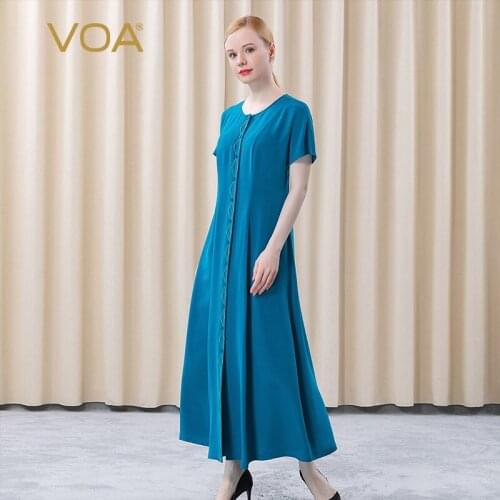 VOA Indigo Blue Silk Heavy 30M/m Soft Waxy Pendant European Version Raglan Single-breasted Open Thread Arch Needle Dress AE678