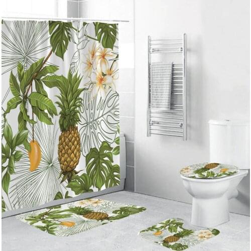 4 Piece Pineapple Orange Bath Curtain Set Food Summer Fruit Shower Curtain Toilet Cover Mat Non-Slip Bath Rug Set Bathroom Decor