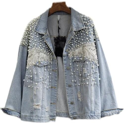 2021 Spring Women Denim Coat Fashion Beading Pearl Pockets Pearls Loose Vintage Hole Jeans Jacket Female Tops Streetwear G1037