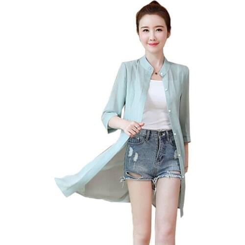 Summer Chiffon Jacket Women 2021 New Mid-length Cardigan Outer Shawl Coat Women Sun Protection Clothing Plus Size S-5XL Top C