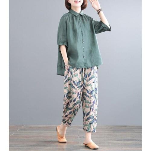 2021 Summer New Arts Style Women Half Sleeve Loose Casual Shirts Turn-down Collar Single-breasted Cotton Blouse Plus Size