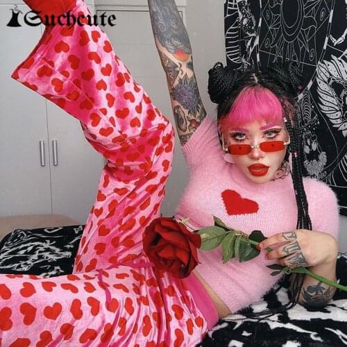 SUCHCUTE Harajuku Y2K Women Pants Heart Print Aesthetic Hight Waist Loose Casual Fashion Pink Trousers Kawaii Vintage Streetwear