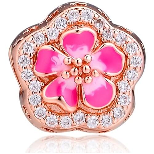 Fit Pandora Bracelets Rose Peach Blossom Flower Charms 925 Original Sterling Silver Beads for Jewelry Making DIY Women Berloque