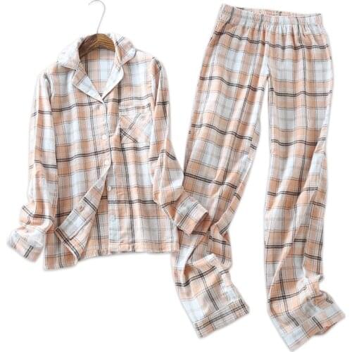 Plus size 100% brushed cotton womens pajamas sets Spring casual plaid long-sleeved sleepwear women pijamas
