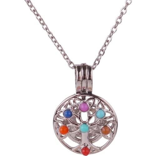 10pcs Copper Round Chakra Stones Beads Cage Essential Oil Diffuser Perfume Pearl Cage Locket necklace stainless steel chains