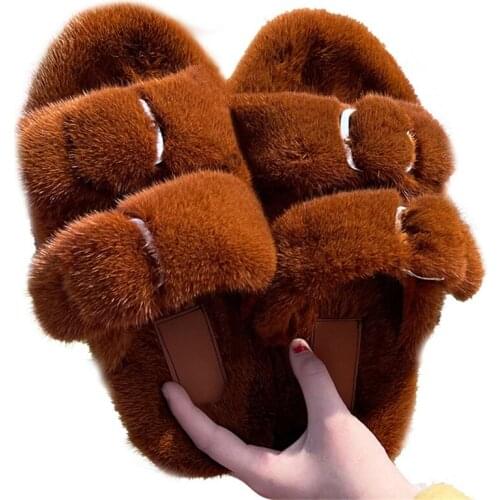 100% Mink Slippers High Quality Slippery Indoor Fur Slippers Rainbow Slippers Cute Leather Ladies Slippers