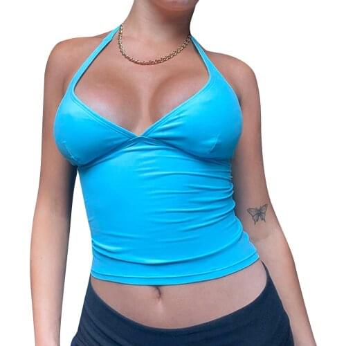 2021 Trendy Sexy Halter Camisole Tops Women Sleeveless Backless Bandage Tank Top Holiday Girls Casual Sweet Crop Top Streetwear