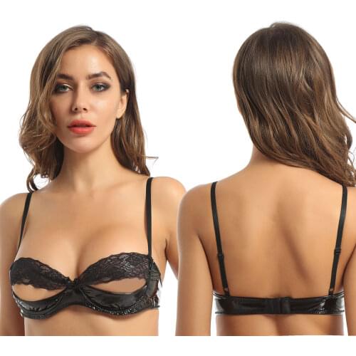 Womens Erotic Lingerie Bra for Sex Lace Splice Patent Leather Unlined Cup Bra Top Shoulder Strap See Through Underwear Sleepwear