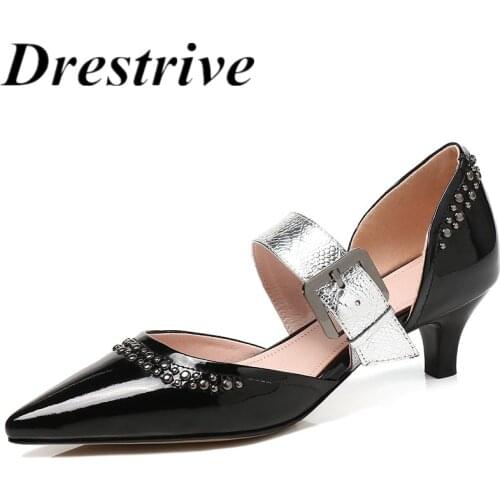 Drestrive Patent Leather Fashion Mary Janes Black 2021 Summer High Heel Shoes Rivet Pointed Toe Big Size 45 Women Pumps Buckle