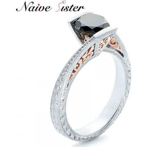 Two-Tone Engagement Ring Black Cubic Zirconia Stone Personality Design Romantic Valentines Gift Fashion Love Rose Gold Jewelry
