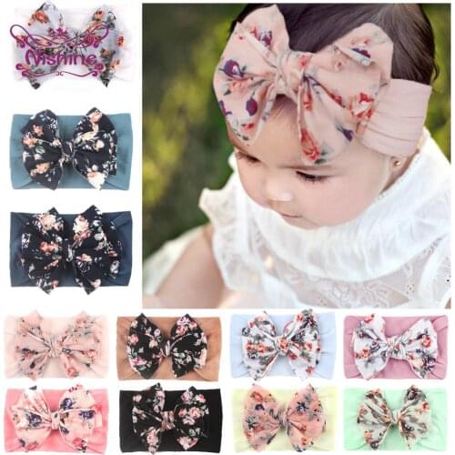 Nishine Elastic Printed Flower Kids Headband Newborn Infant Toddler Knot Bows Headwraps Baby Girls Headwear Gifts Photo Props