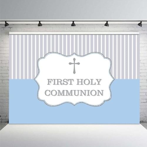 Mehofoto First Holy Communion Theme Party Photography Backdrops Cross Blue White and Gray Stripes Background for Photo Studio