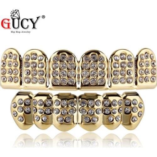 GUCY Hip Hop Gold Teeth Grills Top &Bottom Iced Out Bling Grillz Dental Shiny Mouth Caps Party Vampire Tooth Jewelry