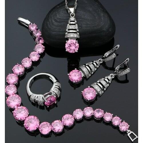 925 Silver Jewelry Sets For Women Pink Cubic Zirconia Romantic Earrings Pendant Ring Bracelet Necklace Set