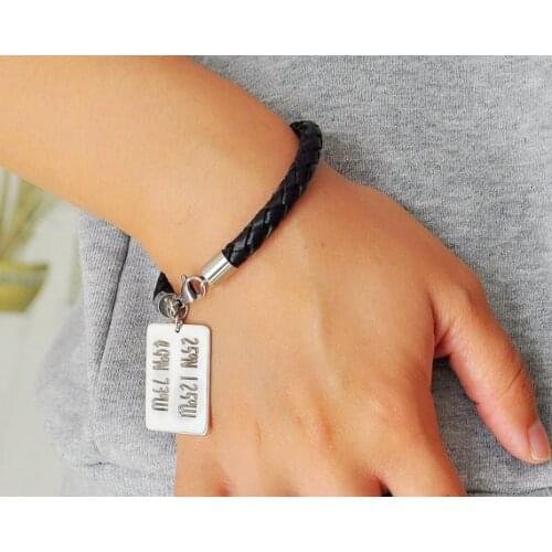 Fashion Personalized Coordinate Leather Bracelet Engraved Latitude Longitude Silver Tag Charm Custom Couple Jewelry