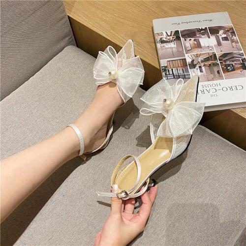 Summer new white lace mesh bowknot pointed buckle bridal wedding shoes stiletto banquet dress daily all-match female sandals