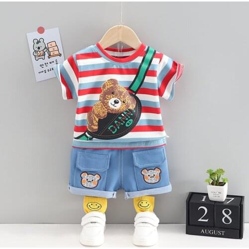New Children Cotton Summer Baby Boys Strips Clothes Printed Bear T Shirts Shorts 2Pcs/sets Infant Kids Fashion Toddler Tracksuit