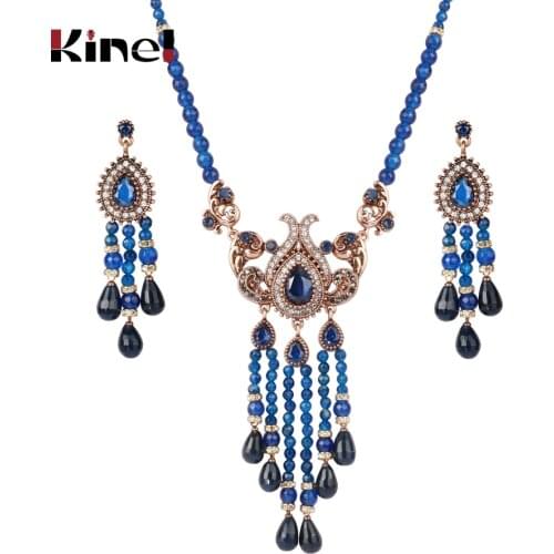 Kinel Blue Natural Stone Necklace And Earrings For Women Antique Gold Crystal Ethnic Vintage Wedding Jewelry Sets