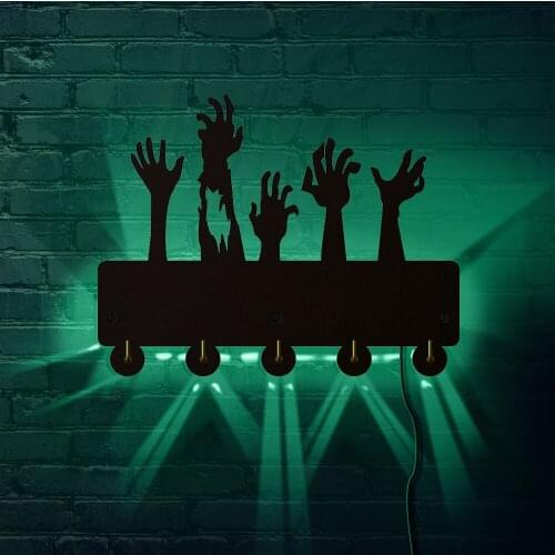 Spooky Zombie Hands Out Grave Rise from Dead Key Hook Rack WIth LED Backlight Modern Entryway Organizer Halloween Wall Decor