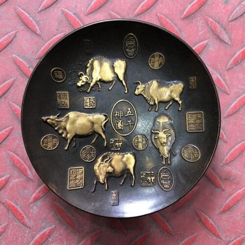 Rare Qing dynasty Old copper Five cows figure plate