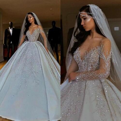 Luxury arabic dubai Plus Size Ball Gown Wedding Dresses Sheer CustomCrystals Beads Sequin Floor Length Wedding Dress Bridal Gown