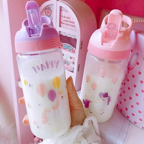 New 500ml Cute Cartoon Unicorn Glass Water Bottle With Straw Portable Kids Student Travel Drinking Bottles Water BPA Free