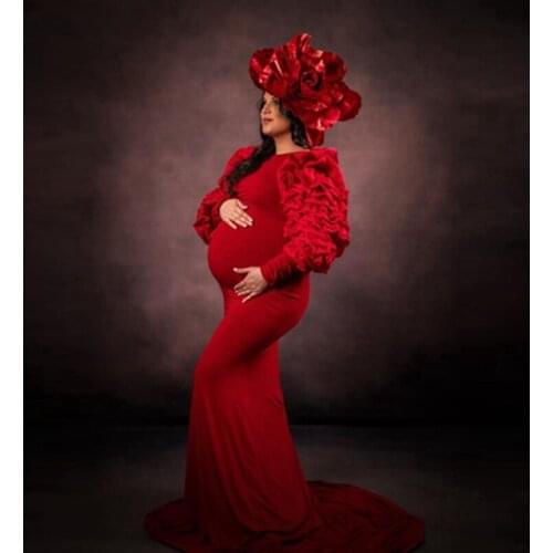 High Quality Red Mermaid Maternity Dress With Puff Ruffles Sleeves Pretty Spandex Bridal Gowns Pregnant Women Robe Vestidos