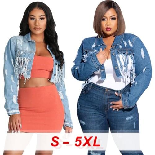 Denim Jackets Women Plus Size Women Clothing Tops 2020 Fall Clothing Trendy Ripped Washed Denim Tassel Plus Size Denim Jacket