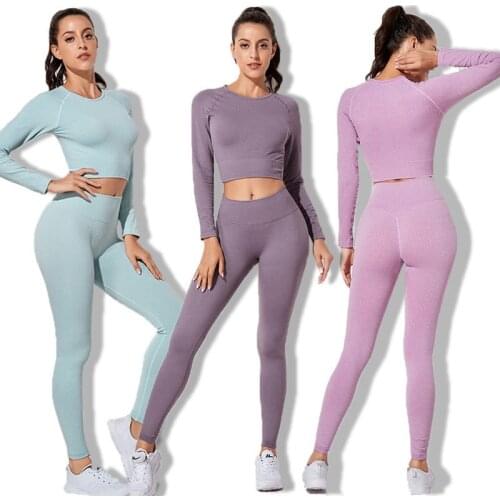 Womens Sportswear Yoga Set Workout Clothes Gym Clothing Leggings Seamless Fitness Sports Crop Top Long Sleeve Suit Leggins