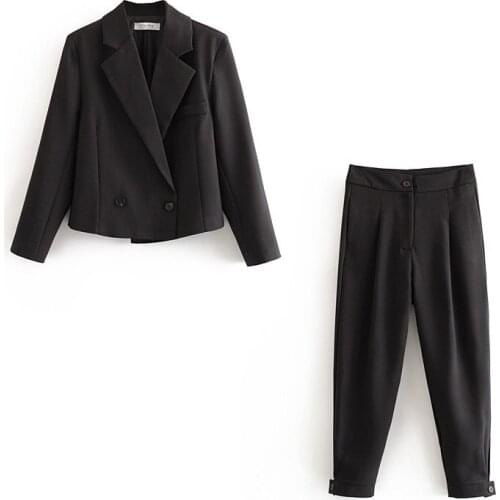2 piece set women retro fashion suit suit simple slim short suit jacket + high waist trousers two-piece suit women