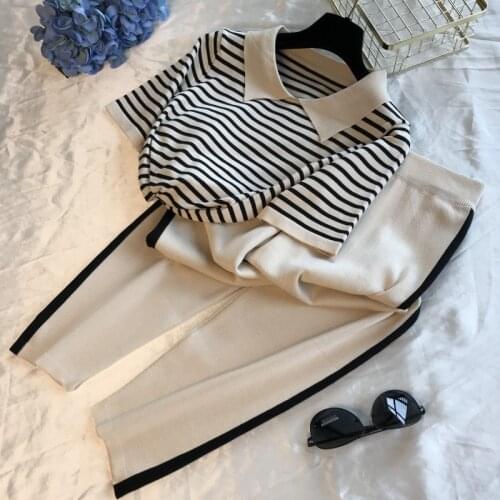 SMTHMA Two Piece Set Women Summer 2021 Lce Silk Knitted Striped Short Sleeve T Shirts+Stretch Waist Full Length Pants