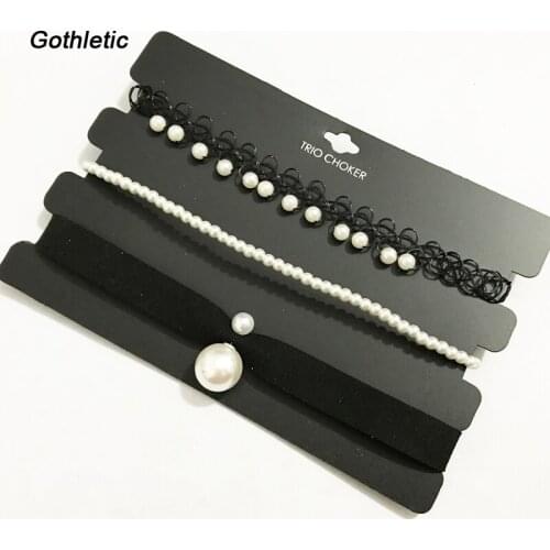 Gothletic 2019 Fashion 3pcs/set Womens Trio Choker Pack Black Suede Tattoo Pearl Choker Necklace Jewelry