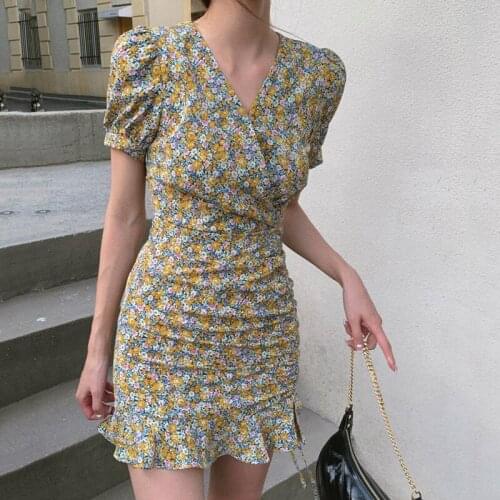French Style Elegant V-neck Floral Print Dress Women Fashion Ruffle High Waist Mini Wrap Dress Ladies Sexy Summer Dresses