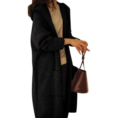 Women Coat Solid Color Autumn Over-Knee Length Hooded Knitwear Loose Coats Cardigan Vintage Pockets Sweaters Outerwear Plus Size