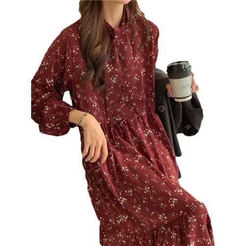 Spring Autumn Chiffon Floral Dress Female 2021 Retro Dow Long Sleeve Dress For Women 99A