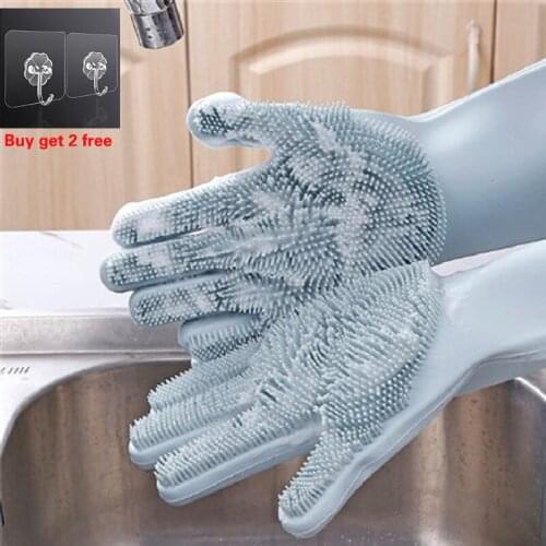 1 Pair Dish Washing Gloves Magic Silicone Dishes Cleaning Gloves With Cleaning Brush Kitchen Wash Housekeeping Scrubbing Gloves